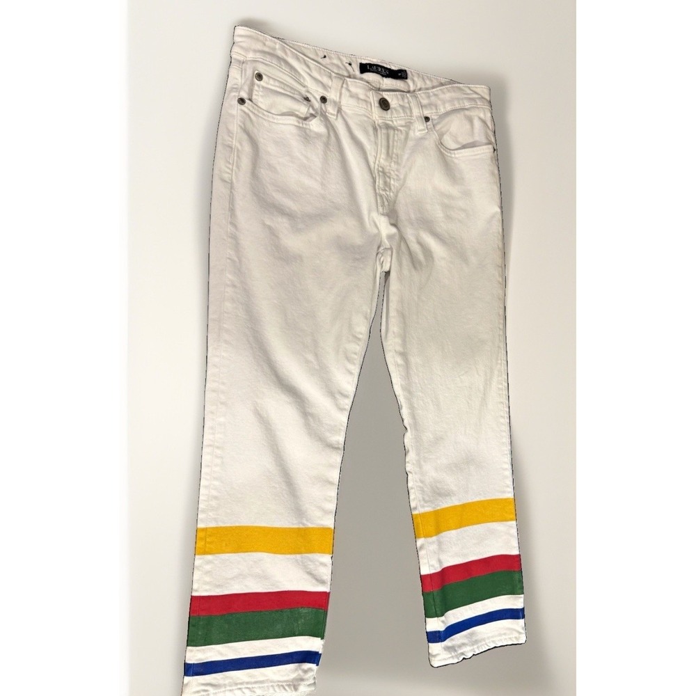 Lauren Ralph Lauren Women's Straight White Denim Striped Cuff Jeans 8P